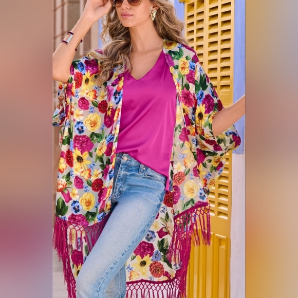 Boston Proper Jackets & Blazers - Boston Proper Women's XS/S Novelty Fringe Kimono Jacket Floral Boho Cove…